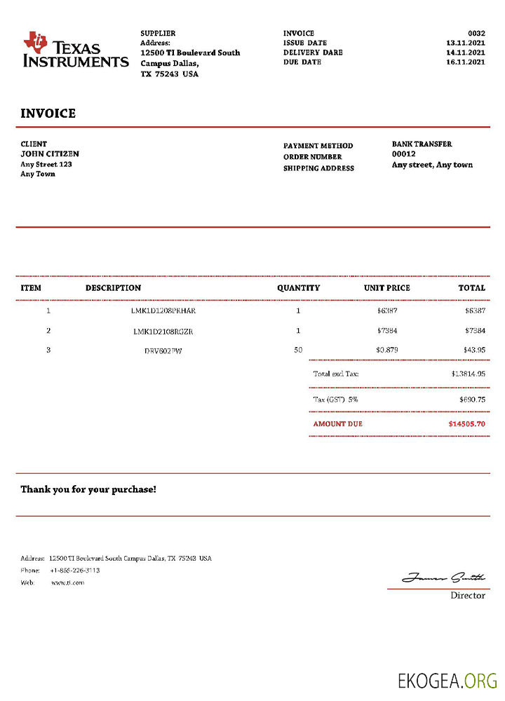 Facture USA Texas Instruments